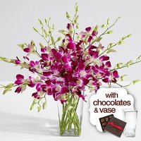 Purple Dendrobium Orchids with Square Vase & Chocolates