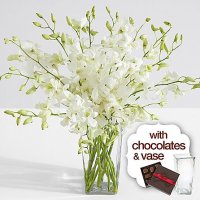 White Dendrobium Orchids with Square Vase & Chocolates