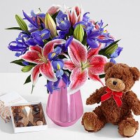 Joyful Bouquet with Pink Metallic Vase, Bear & Chocolates