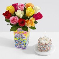 12 Rainbow Roses with Petite Birthday Cake