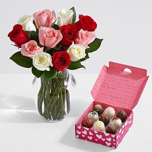 画像1: One Dozen Sweetheart Roses with 9 Valentine's Cake Truffles