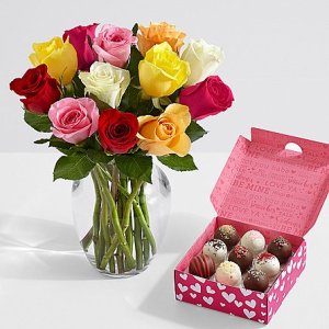 画像1: One Dozen Valentine's Roses with 9 Valentine's Cake Truffles