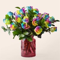 Two Dozen Rainbow Rose Bouquet with Blush Vase