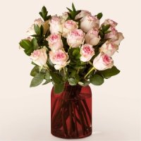 Pink Champagne Rose Bouquet with Red Vase (24 Pink Roses With Red Vase)