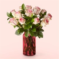 Pink Champagne Rose Bouquet with Red Vase (12 Pink Roses With Red Vase)