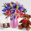 画像1: Joyful Bouquet with Pink Metallic Vase, Bear & Chocolates (1)