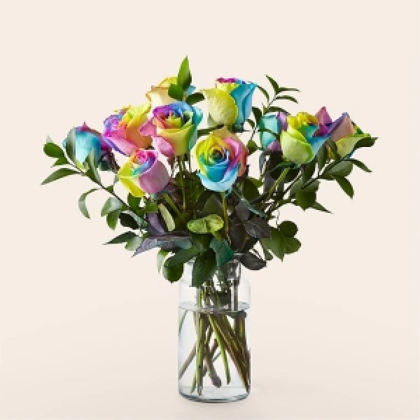 画像1: Rainbow Rose Bouquet (12 Roses With Vase) (1)